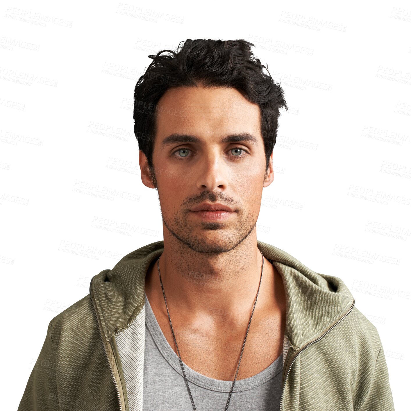 Buy stock photo Fashion portrait, serious and man in hoodie isolated on a transparent png background. Face, confident and a young person in sweatshirt, casual clothes and style or aesthetic headshot in Italy