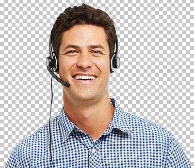 Buy stock photo Portrait, telemarketing and man with headphones, call center and agent isolated on a transparent background. Face, employee and consultant with a headset, smile and tech support with png and advice