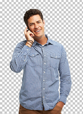 Buy stock photo Happy portrait, phone call communication and man speaking on cellphone conversation, chat discussion or consultation. Mobile smartphone, connectivity and talking person on transparent, png background