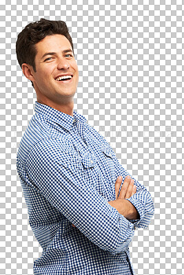 Buy stock photo Business man, arms crossed and smile portrait isolated on a transparent, png background. Happy young male model person for fashion, style or positive attitude with confidence, laugh and happiness