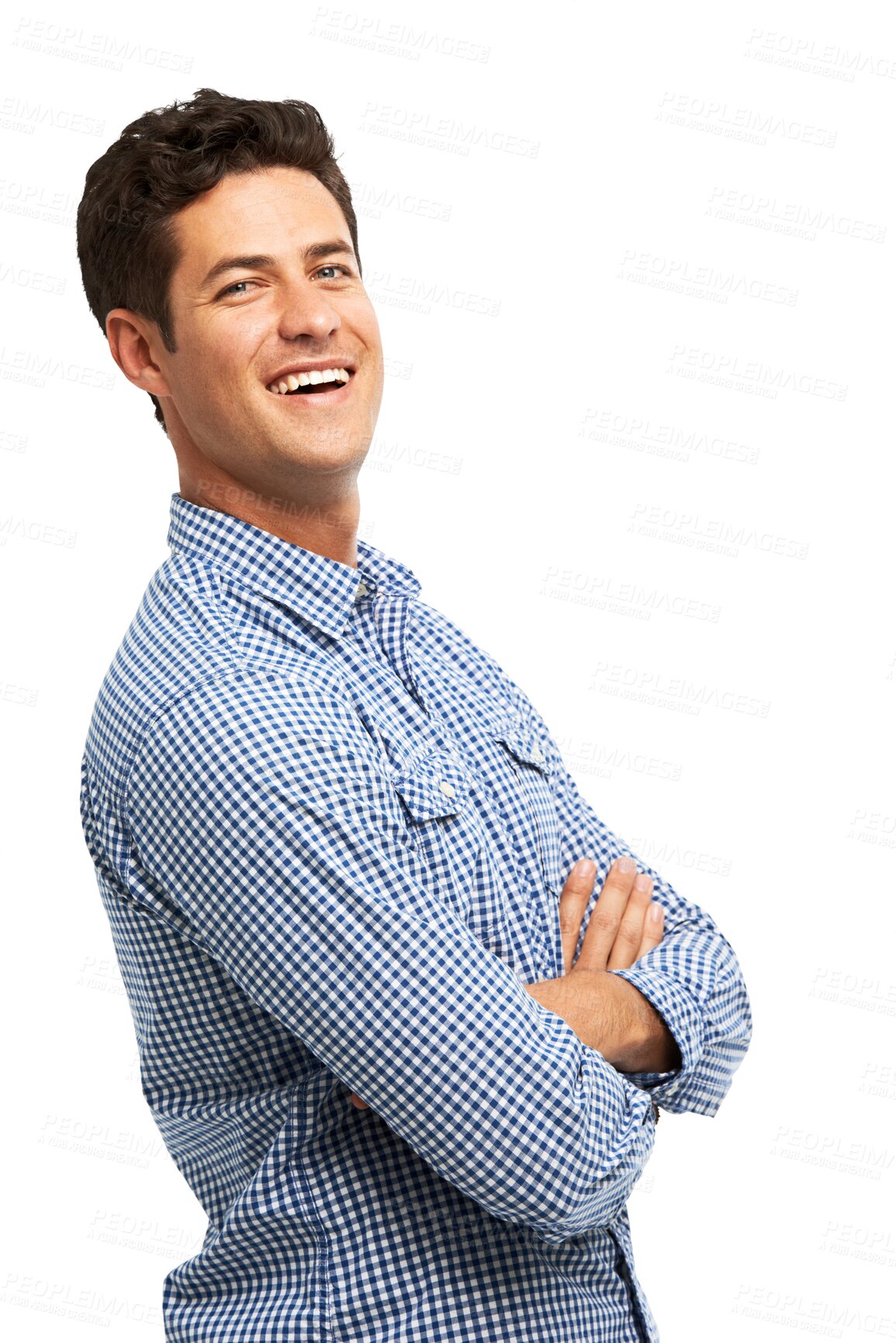 Buy stock photo Business man, arms crossed and smile portrait isolated on a transparent, png background. Happy young male model person for fashion, style or positive attitude with confidence, laugh and happiness