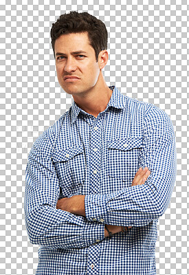 Buy stock photo Business man, portrait and arms crossed with anger, confused or doubt face isolated on PNG, transparent background. Sad facial of professional person or worker with depression, suspicious or question