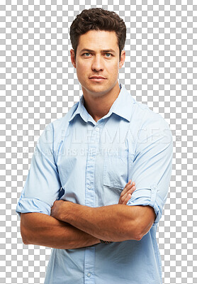 Buy stock photo Creative, businessman and serious portrait with arms crossed in confidence or pride on transparent, isolated or png background. Architecture, intern and an expert entrepreneur in professional career