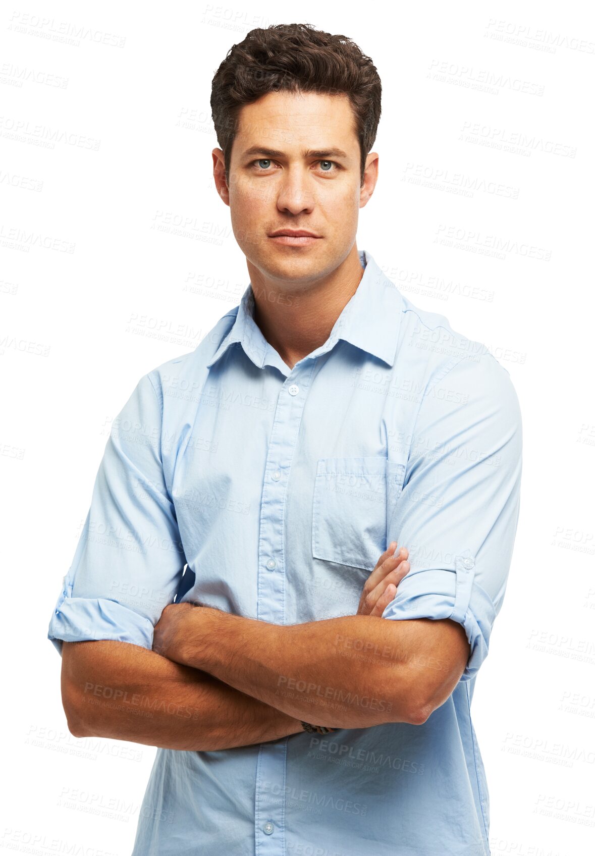 Buy stock photo Creative, businessman and serious portrait with arms crossed in confidence or pride on transparent, isolated or png background. Architecture, intern and an expert entrepreneur in professional career