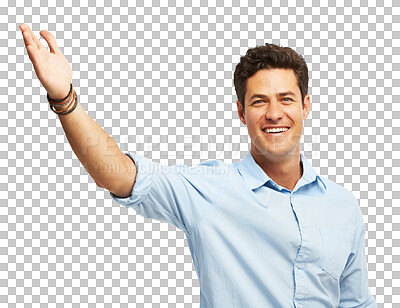 Buy stock photo Presenting, portrait and business man for information on isolated, png and transparent background. Marketing, professional and male person with hand gesture for promotion, announcement and news