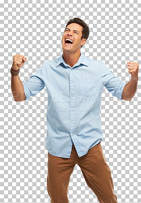 Buy stock photo Winner, business man and success, yes or celebration for achievement, career news or opportunity. Wow, fist and excited person for internship, power and winning isolated on png transparent background