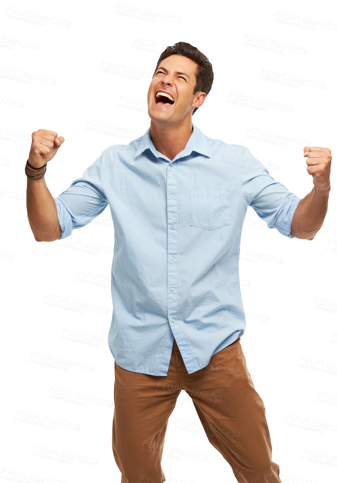 Buy stock photo Winner, business man and success, yes or celebration for achievement, career news or opportunity. Wow, fist and excited person for internship, power and winning isolated on png transparent background