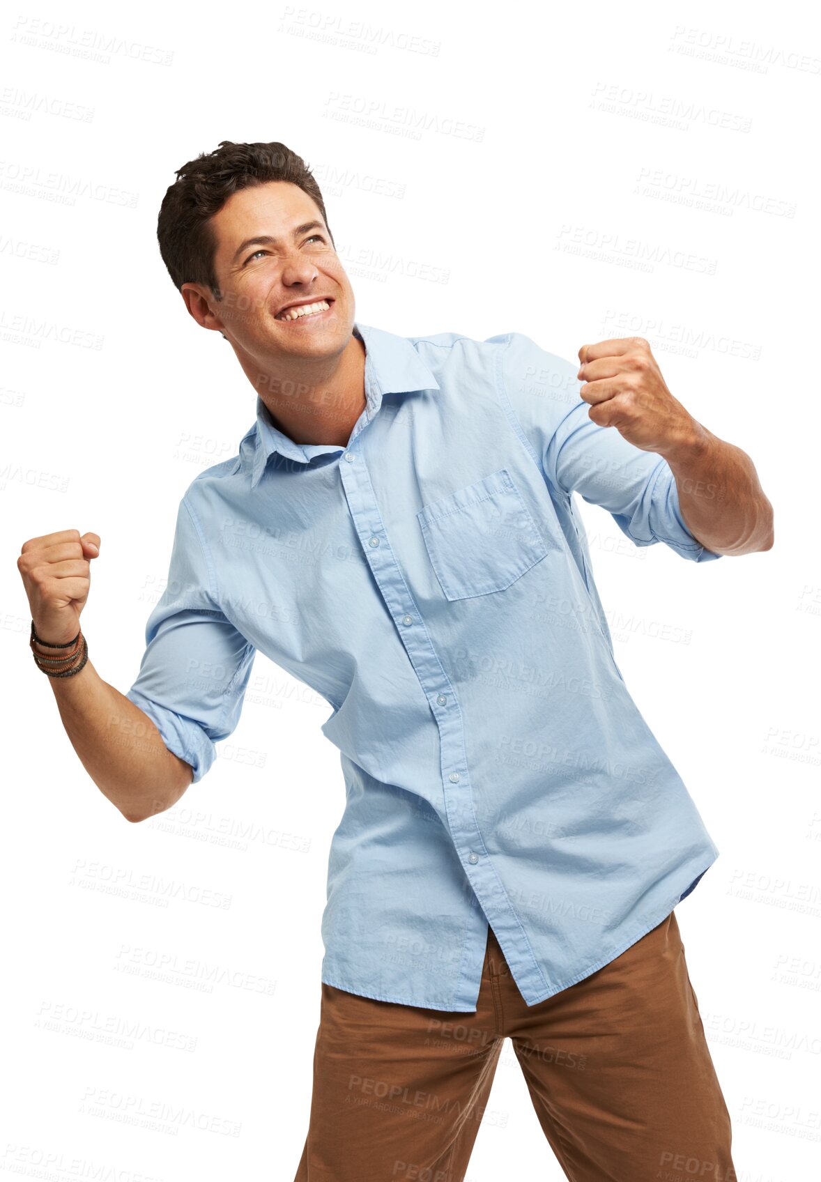 Buy stock photo Business man, success and fist for celebration, achievement or winner news and job opportunity. Wow, yes and excited person for announcement, sales or winning isolated on png, transparent background