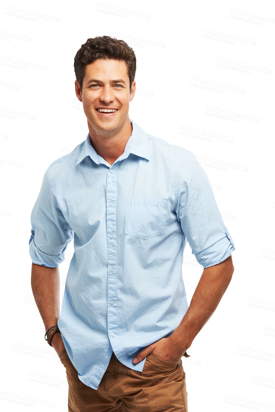 Buy stock photo Hands, pocket and happy portrait of businessman, consultant or employee on transparent, isolated or png background. Casual, confidence and entrepreneur with professional career and creative startup