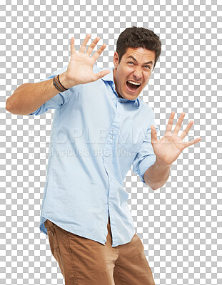 Buy stock photo Portrait, danger or man with fear, scared or stress isolated on a transparent background. Person, anxious or guy with png, nervous or anxiety with crisis, expression or reaction with horror or terror