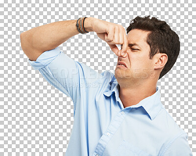 Buy stock photo Bad, smell and man hand on nose for stink, disgust or yuck on isolated, transparent or png background. Gross, fragrance and guy with smelly emoji reaction to BO, aroma or poor choice of perfume scent