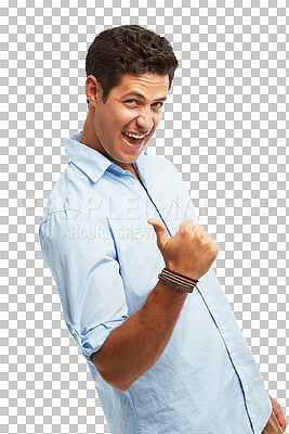 Buy stock photo Happy man, portrait and hand pointing or celebration for success, winner news and join us. Young person with thumbs up, information or gesture to announcement isolated on png, transparent background