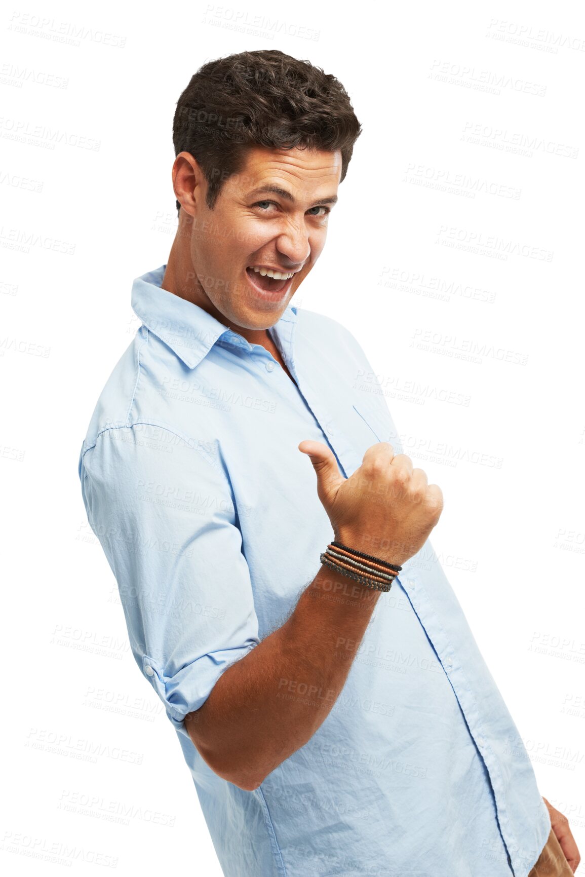 Buy stock photo Happy man, portrait and hand pointing or celebration for success, winner news and join us. Young person with thumbs up, information or gesture to announcement isolated on png, transparent background