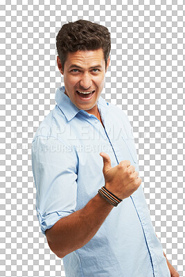 Buy stock photo Happy man, thumbs up and portrait, hand gesture and emoji with agreement isolated on png transparent background. Excited, positive mindset and support, male person with deal and like with yes sign