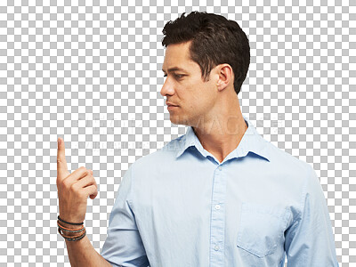 Buy stock photo Business man, finger or spinning, idea and isolated on transparent png background. Professional, vision or person thinking, planning or insight, brainstorming or problem solving, question or solution