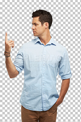 Buy stock photo Finger spinning, business man and idea isolated on transparent png background. Professional, confused and person thinking, planning or doubt, brainstorming or problem solving, question and vision