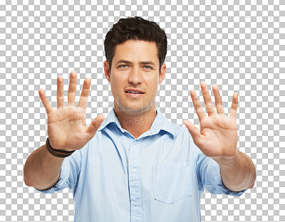 Buy stock photo Stop, hands and portrait of man with warning, threat or limit control on isolated, transparent and png background. Protest, palm and face of male model with emoji, sign language, no and wait signal