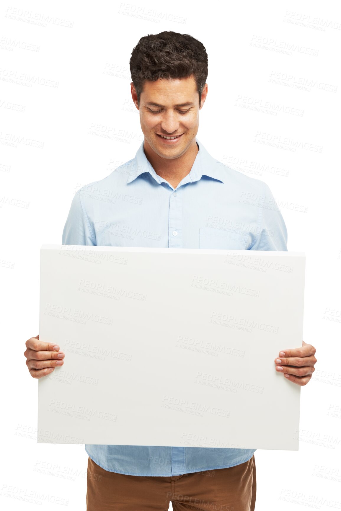 Buy stock photo Poster, happy man and mockup sign, space and marketing isolated on transparent png background. Advertising, banner or person with board for commercial promotion, design or information in presentation