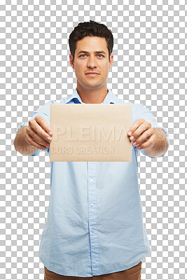 Buy stock photo Portrait, promotion billboard or man advertising wooden board, discount or show service card, logo design or sales news. Ads placard, info deal or male brand ambassador on transparent, png background