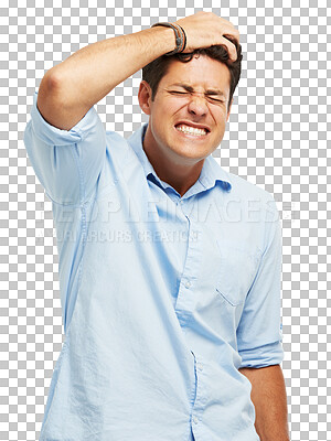 Buy stock photo Stress, headache and face of frustrated man on isolated, transparent or png background. Anxiety, migraine and angry guy model with vertigo, brain fog or mistake, regret or mental health crisis emoji