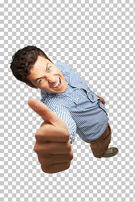 Buy stock photo Man, thumbs up and winner portrait in thank you, success or yes and like emoji for business vote above. Excited worker or person okay, support or good job sign isolated on png, transparent background