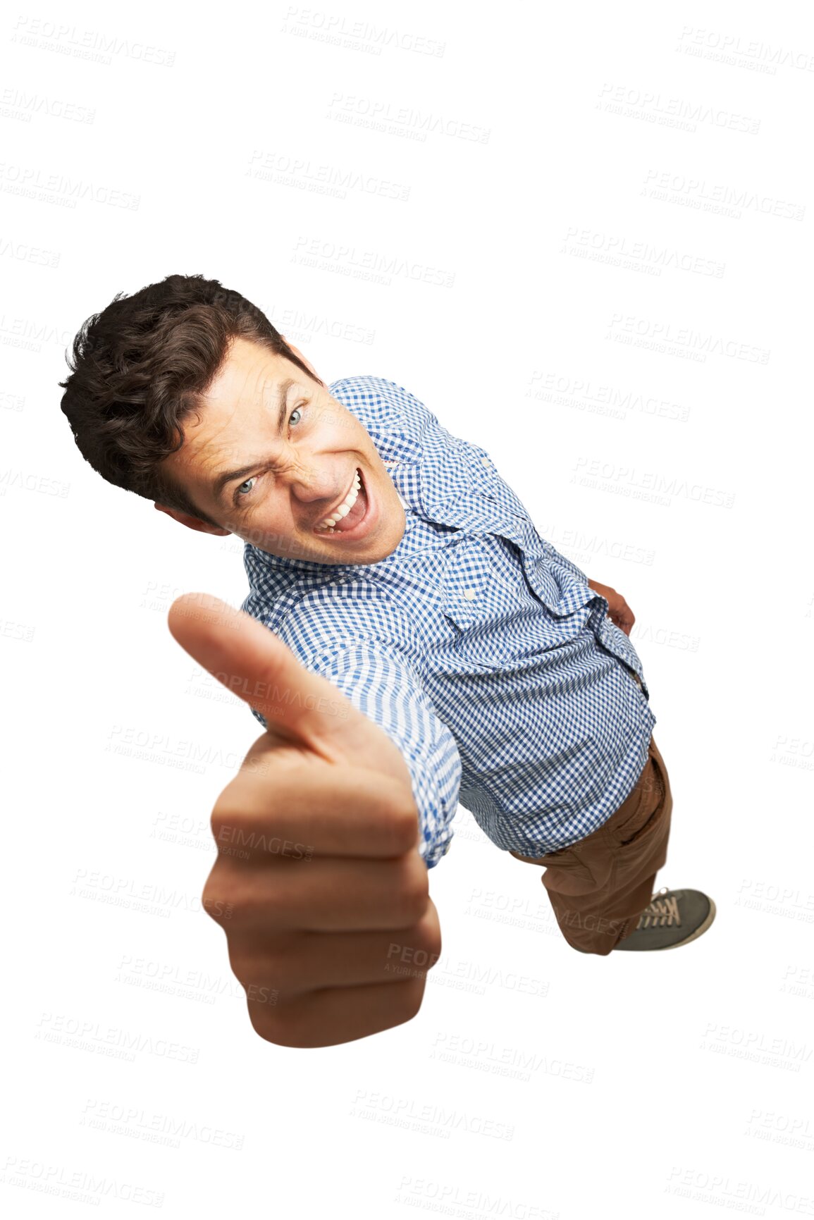 Buy stock photo Man, thumbs up and winner portrait in thank you, success or yes and like emoji for business vote above. Excited worker or person okay, support or good job sign isolated on png, transparent background