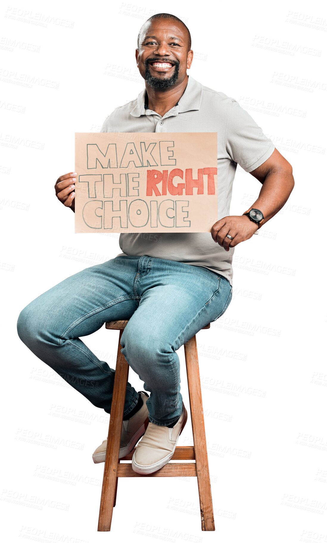 Buy stock photo Portrait, covid and poster for vaccine with a black man isolated on a transparent background for healthcare promotion. Medical, smile and chair with a happy male patient on PNG for health choice