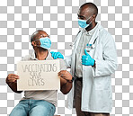 African american doctor showing thumbs up sign and symbol after covid vaccine to black man wearing face mask. Patient holding sign to promote corona vaccine and motivate after injection from physician