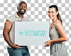 Covid vaccinated African american man and mixed race woman showing and holding poster. Two people isolated on red studio background with copyspace. Showing plaster on arm and promoting corona vaccine