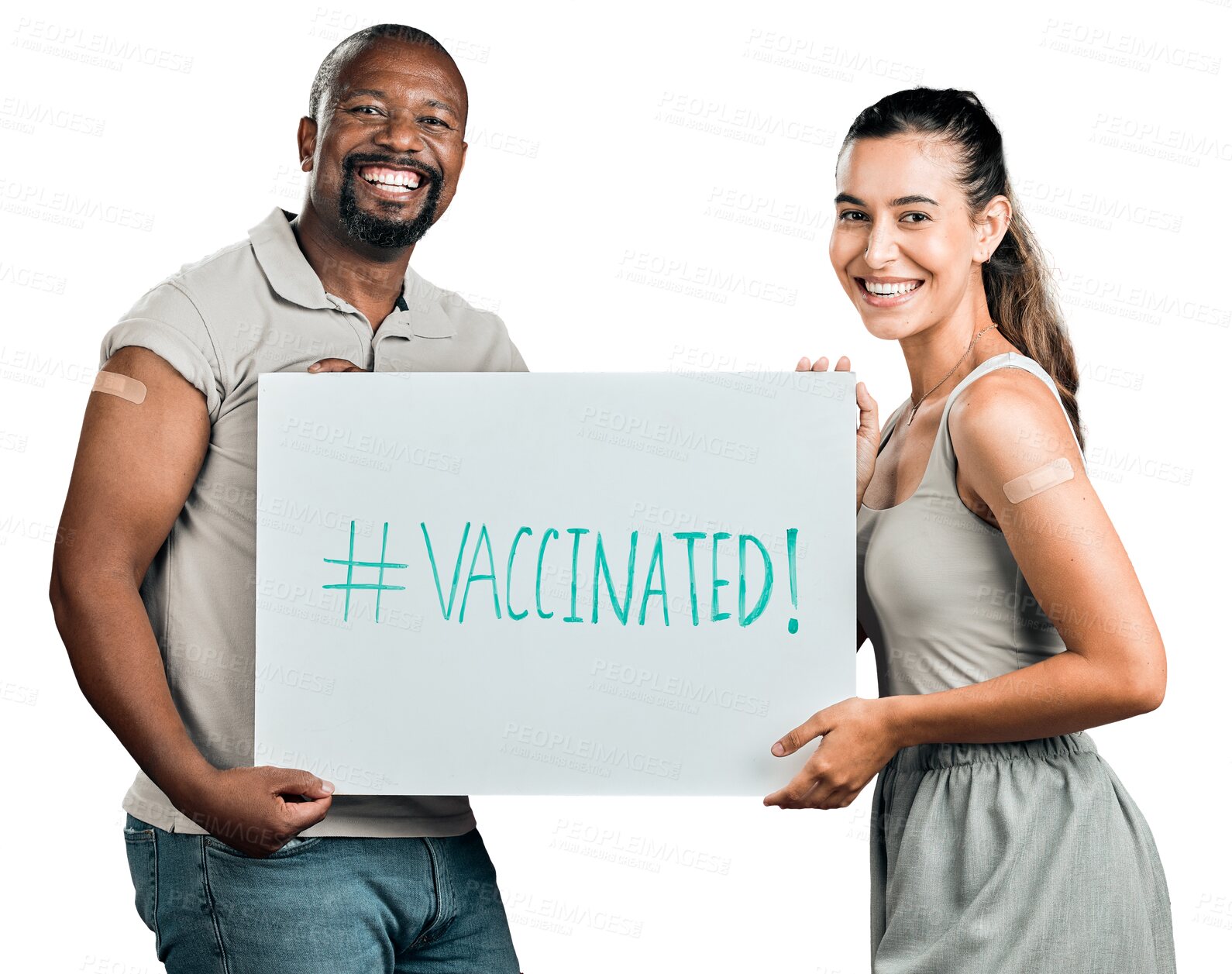 Buy stock photo Black man, woman and vaccine promotion poster, portrait and covid healthcare isolated on png transparent background. Couple with billboard sign, safety from corona with advertising and health