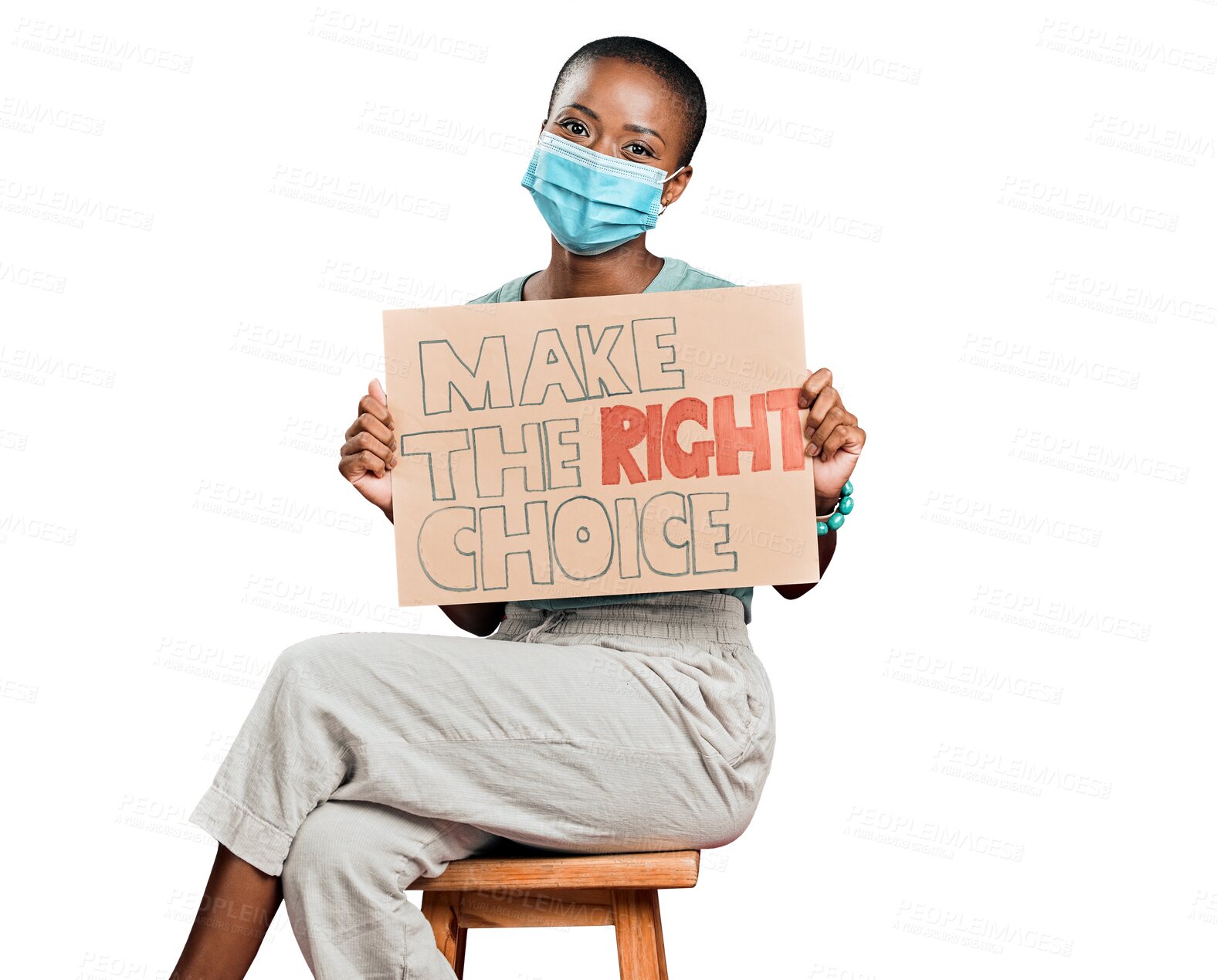 Buy stock photo Portrait, covid vaccinated or black woman with poster, promotion or girl isolated on a transparent background.  Showing, banner or model wearing surgical face mask, safety or corona vaccine with png