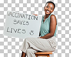 African american covid vaccinated woman showing and holding poster. Portrait of smiling black woman isolated against red studio background with copyspace. Model promoting corona vaccine with sign