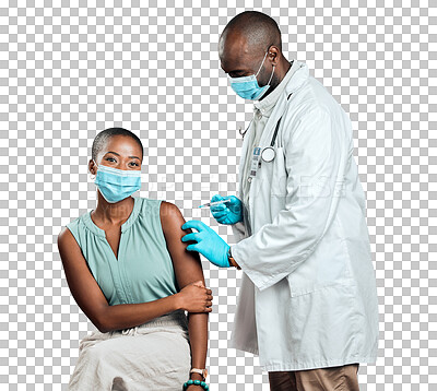 African american doctor giving covid vaccine to black woman wearing surgical face mask. Healthy patient getting corona injection from physician with needle against red studio background with copyspace