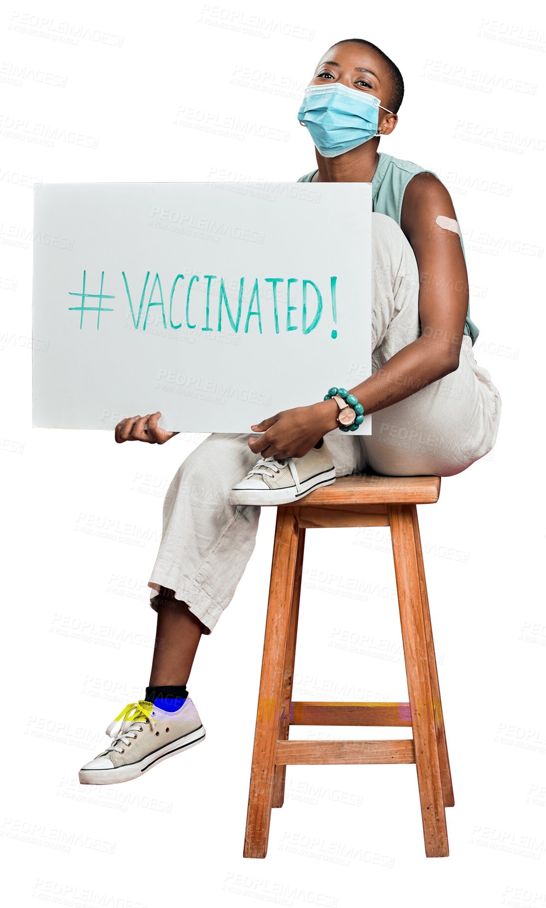 Buy stock photo Young woman, vaccine poster and portrait for healthcare support, promotion or social media hashtag. African person with virus or covid safety on cardboard and isolated on PNG, transparent background