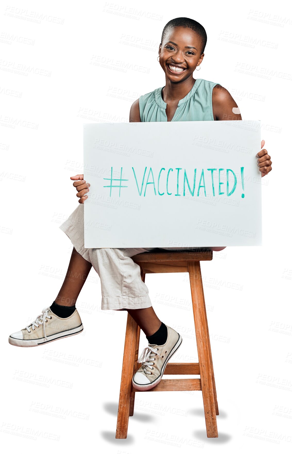 Buy stock photo African woman, vaccine poster and portrait for healthcare support, clinic and social media hashtag. Happy person, chair and board sign of virus or covid safety isolated on PNG, transparent background