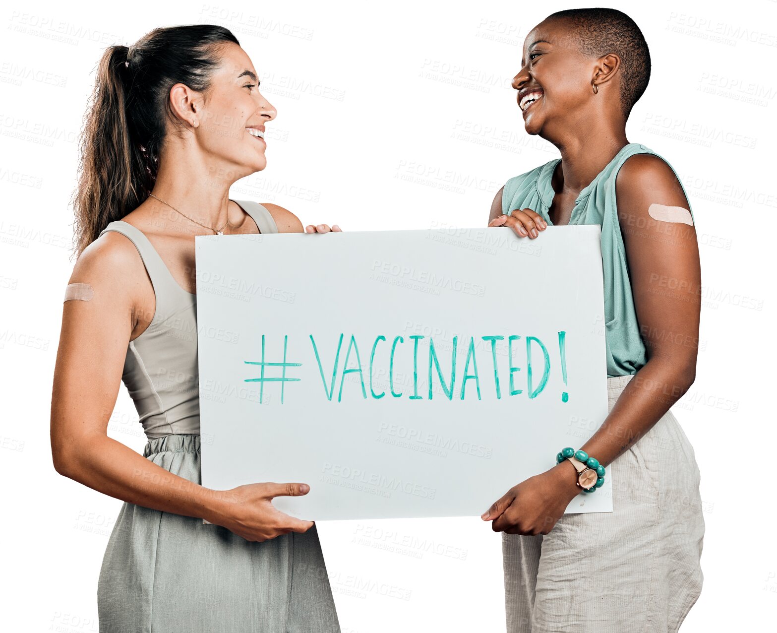 Buy stock photo Covid vaccinated, friends or women with a poster, smile or promotion isolated on a transparent background. People, png or hashtag with a banner, health or wellness with corona vaccine or social media