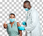 African american covid vaccinated woman showing thumbs up sign and symbol. Black doctor giving vaccine to patient wearing surgical face mask. Endorsing corona needle injection from physician in studio