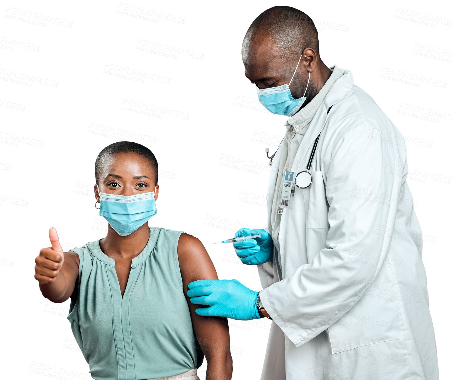 Buy stock photo Woman, doctor and vaccine with thumbs up for healthcare, virus safety and compliance, support or like. African people, medical portrait and needle and face mask isolated on png transparent background