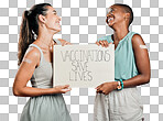 Covid vaccinated African american and mixed race women showing and holding poster. Two people isolated on red studio background with copyspace. Showing plaster on arm and promoting corona vaccine