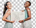 Covid vaccinated African american and mixed race women showing and holding poster. Two people isolated on red studio background with copyspace. Showing plaster on arm and promoting corona vaccine