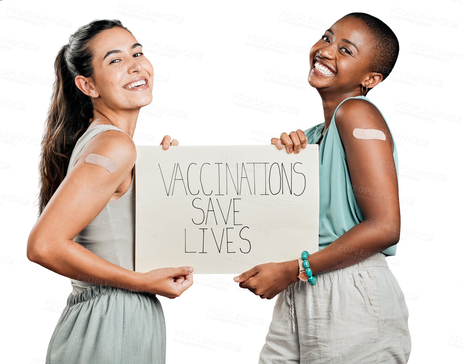 Buy stock photo Women, portrait and vaccine promotion poster, covid healthcare with plaster on arm isolated on png transparent background. Female people, friends and billboard sign for corona virus safety and health