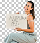 Mixed race covid vaccinated woman showing plaster on arm and holding poster. Portrait of smiling hispanic woman isolated against yellow studio background with copyspace. Promote corona vaccine on sign