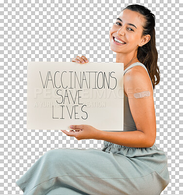 Mixed race covid vaccinated woman showing plaster on arm and holding poster. Portrait of smiling hispanic woman isolated against yellow studio background with copyspace. Promote corona vaccine on sign