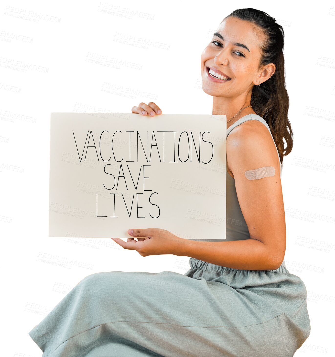 Buy stock photo Vaccine, covid and a woman with poster, plaster or paper for protest. Portrait of happy woman with opinion, health care and sign for support and virus safety isolated on transparent, png background