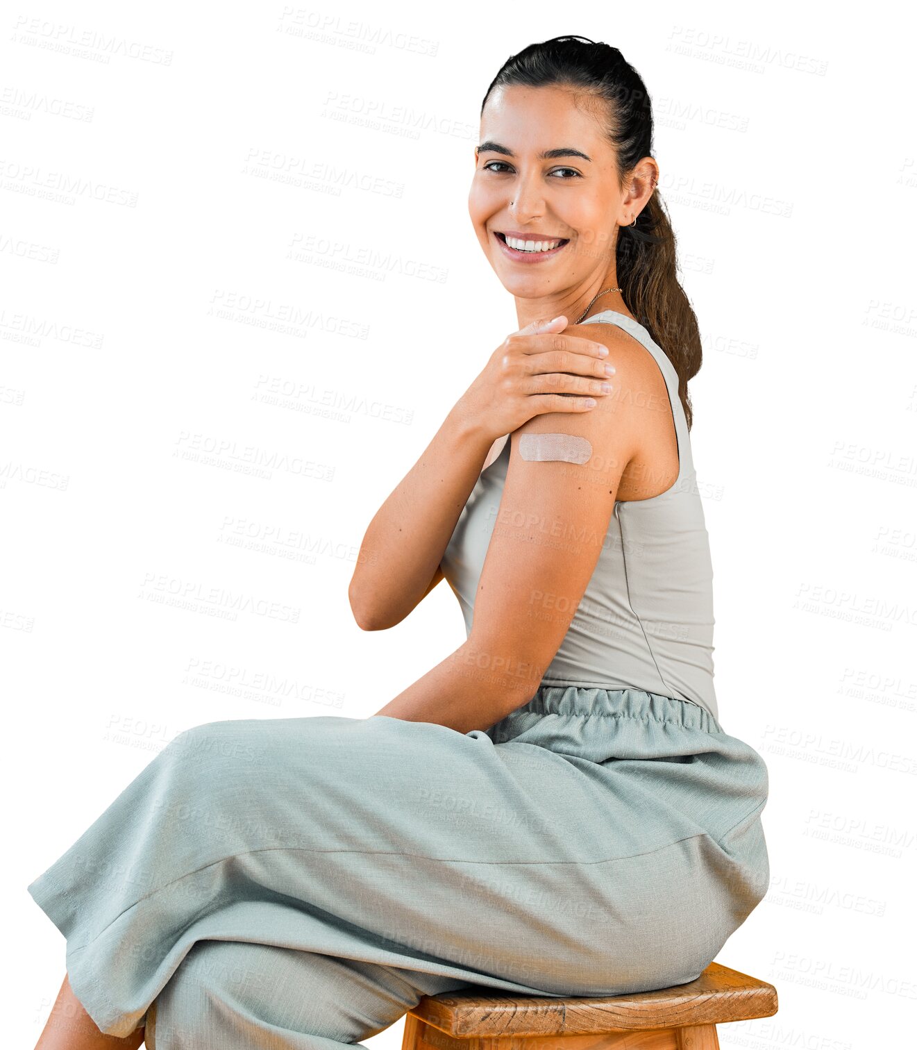 Buy stock photo Happy, portrait and woman with vaccine plaster on chair and isolated, transparent or png background. Vaccination, immunization and lady model face with arm band or smile for covid, immunity or choice