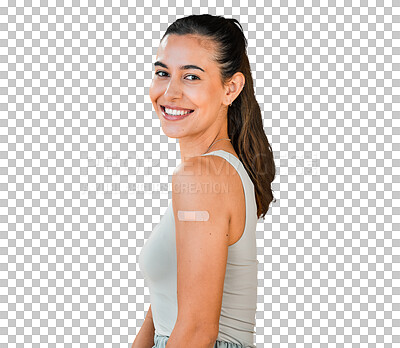 Buy stock photo Vaccine, plaster and portrait of happy woman on isolated, transparent or png background. Vaccination, face and lady model with arm, band or bandage smile for healthcare, immunity or covid prevention