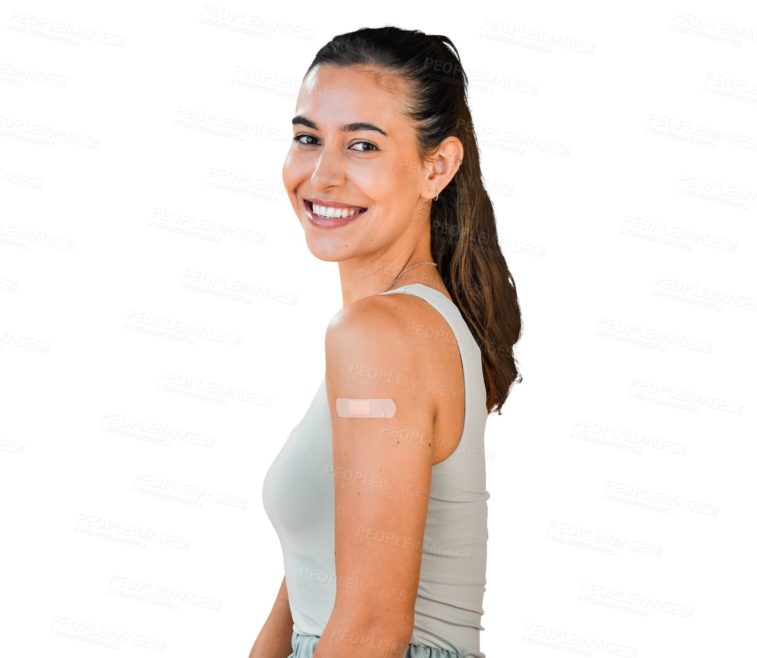 Buy stock photo Vaccine, plaster and portrait of happy woman on isolated, transparent or png background. Vaccination, face and lady model with arm, band or bandage smile for healthcare, immunity or covid prevention