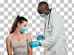 African american doctor giving covid vaccine to mixed race woman and wearing surgical face mask. Hispanic patient getting corona injection from physician against red studio background with copyspace