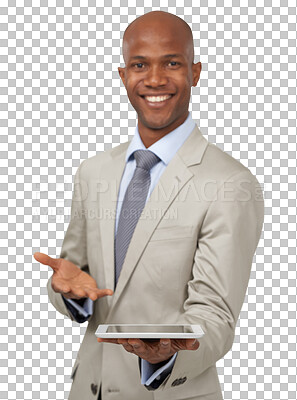 Buy stock photo Portrait, business man and hand pointing to tablet for recruitment news on isolated, transparent or png background. Face, smile and guy show online deal, hiring or sign up for digital marketing promo