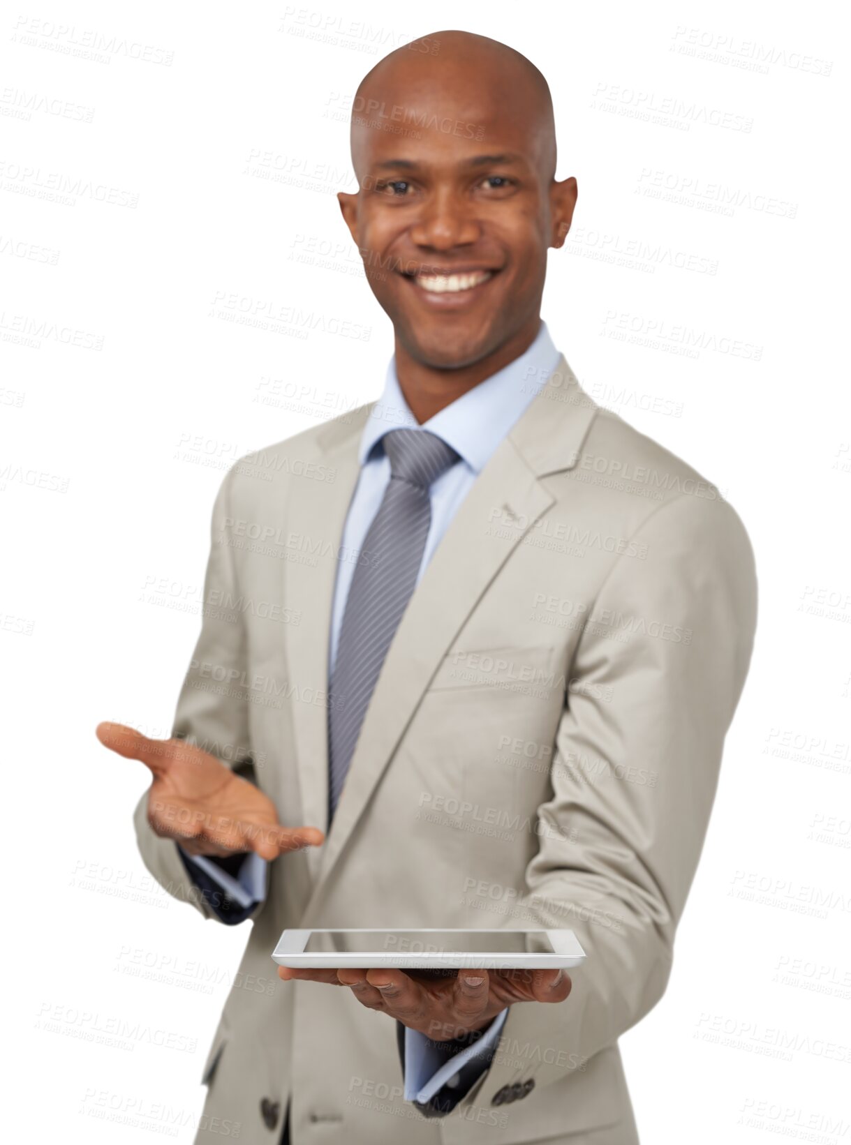 Buy stock photo Portrait, business man and hand pointing to tablet for recruitment news on isolated, transparent or png background. Face, smile and guy show online deal, hiring or sign up for digital marketing promo